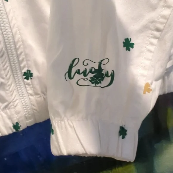 Denim & Flower White Hooded Jacket w/ Shamrock 🍀 Print  🍀💰🍀🌈💰 Men's Medium - Picture 6 of 15